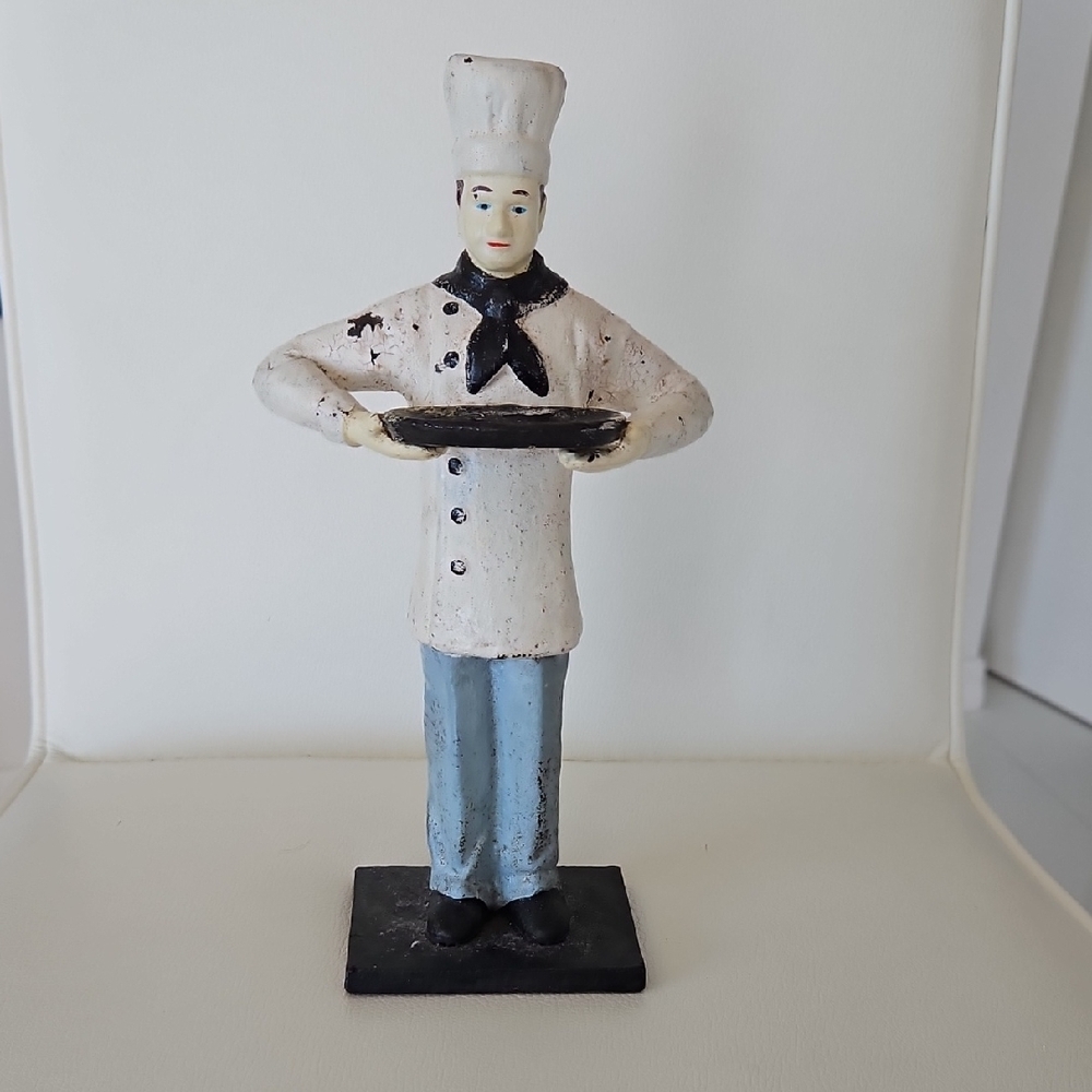 Vintage Cast Iron Chef Figurine With Tray In White and Blue